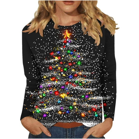 Long Sleeve Shirts for Womens 2025 Christmas TShirts Casual Trendy Xmas Printing Blouses Soft Crewneck Christmas Shirt Pullover Tops