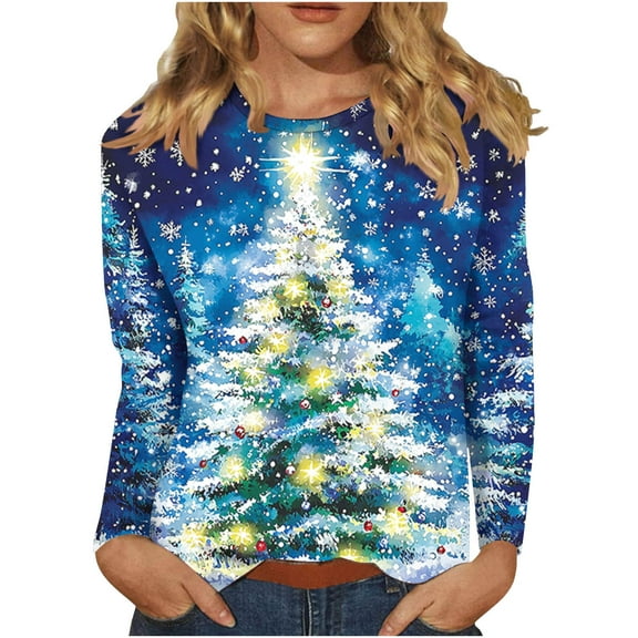 Long Sleeve Shirts for Womens 2025 Christmas TShirts Casual Trendy Xmas Printing Blouses Soft Crewneck Christmas Shirt Pullover Tops