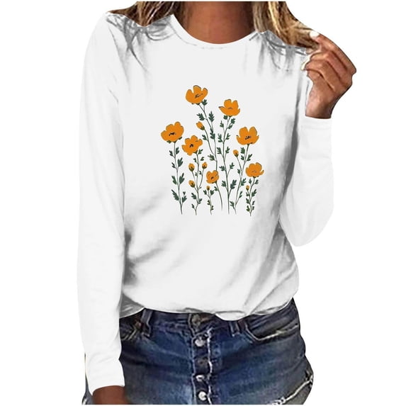 Long Sleeve Shirts for Womens Round Neck Graphic Printed Tees Shirt Plus Size Pullover Tops 2026 Spring Clothes