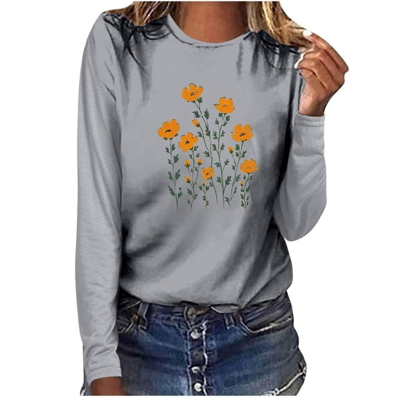 Long Sleeve Shirts for Womens Round Neck Graphic Printed Tees Shirt Plus Size Pullover Tops 2026 Spring Clothes