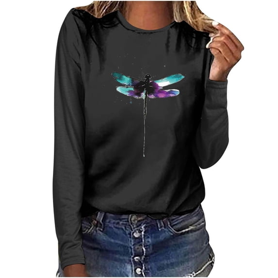 Long Sleeve Shirts for Womens Round Neck Graphic Printed Tees Shirt Plus Size Pullover Tops 2026 Spring Clothes