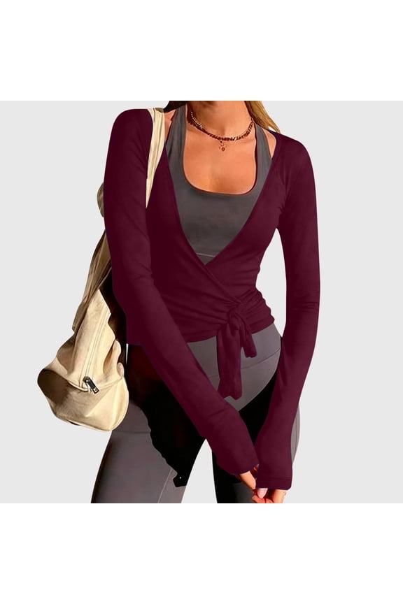 Long Sleeve Shirts for Womens Wrap Tie Top Workout Yoga Ballet Shirt Casual Sports Long Sleeve V Neck Slim Fit Blouse Tops Womens Fashion Top Shirts