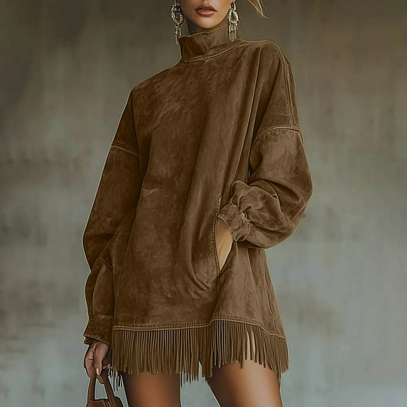 Long Sleeve Short Dresses for Women New Women's Solid Color High Neck Loose Pockets Tassel Long Sleeve Dress Style B-70 Brown XS