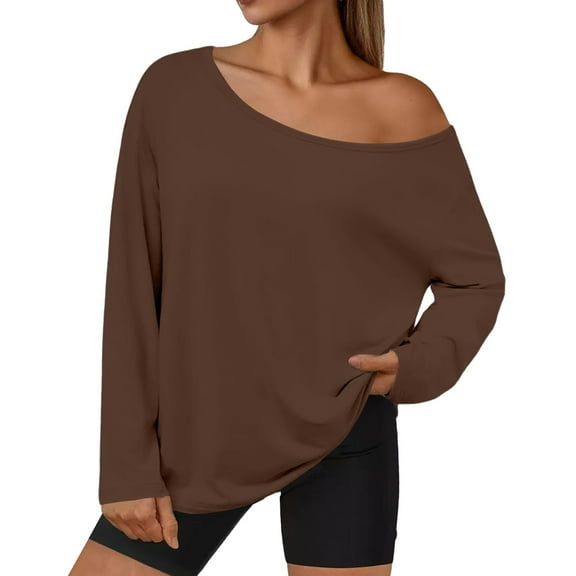 Long Sleeve off The Shoulder Top, Yigetop Women's Casual and Fashionable Slanted Neck Top Knitted Long off Shoulder Long Sleeved off The Shoulder Sweater Coffee L