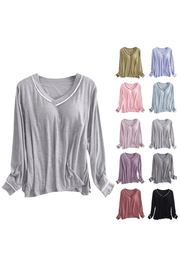 Long Sleeve Sleep Shirt for Women Stretch Comfort Fit Basic Layer Neck Pajama Top