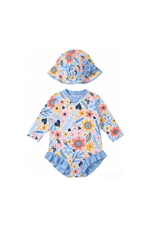 Long Sleeve Snap Button Swimsuit with Matching Sun Hat for Baby Girls UPF 50 Rash Guard Swimwear for Pool Beach Water Play Print Crew Neck Long Sleeve One Piece Sky Blue 6 Months-9 Months