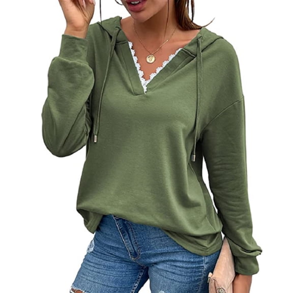 Long-Sleeve Solid Casual Pullover for Work, Size S Green V-Neck Hoodie with Lace Detail Bienvenido