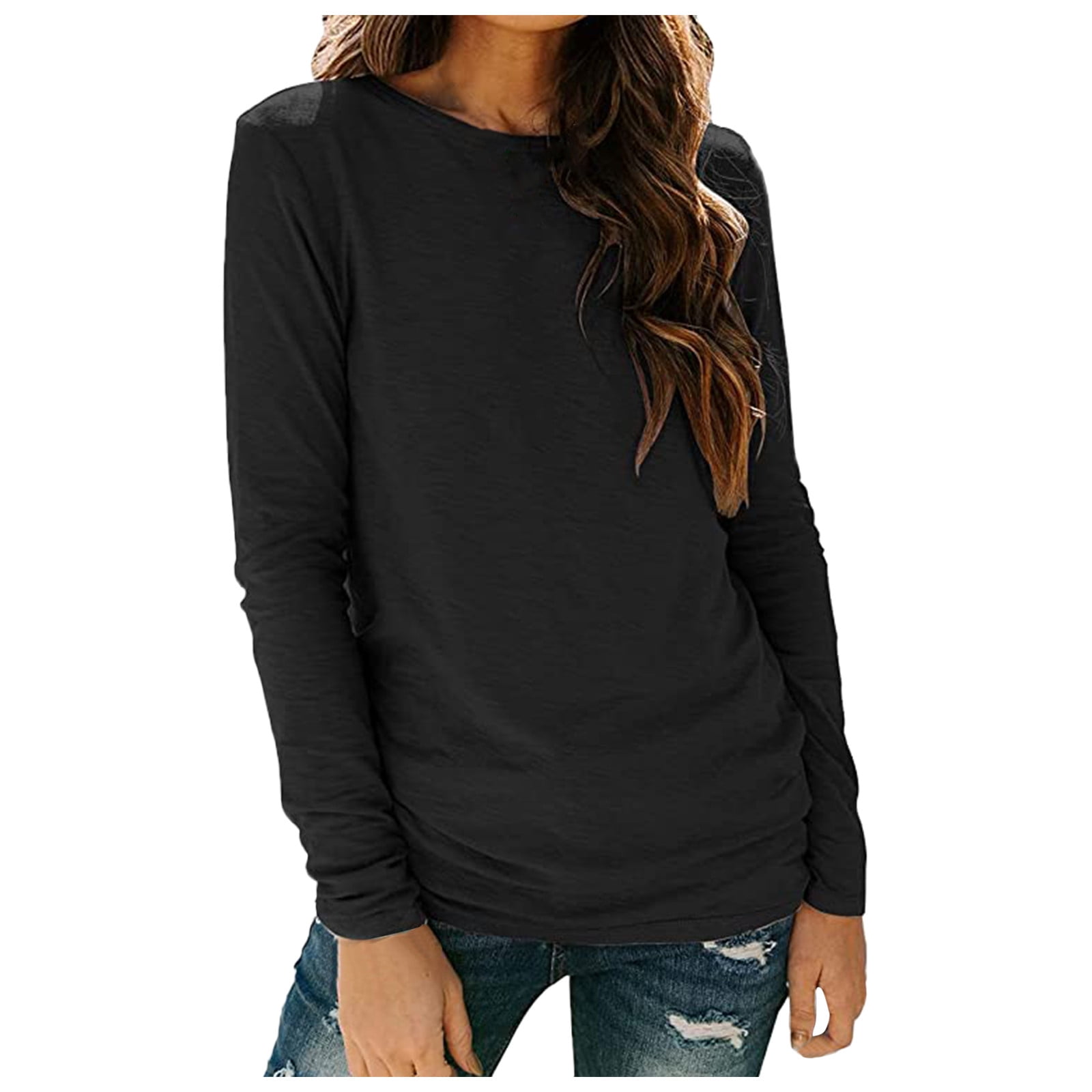 Long Sleeve Solid Color Casual Round Neck Tshirt Longsleeved Top