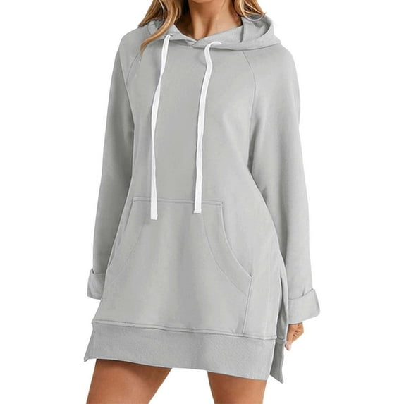 Long Sleeve Solid Color Pocket Hoodie Dress For Women Casual Loose Fit Sweatshirt Dress With Hood Fall Winter Fashion