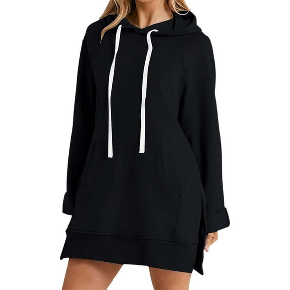 Long Sleeve Solid Color Pocket Hoodie Dress For Women Casual Loose Fit Sweatshirt Dress With Hood Fall Winter Fashion