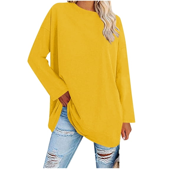 Long Sleeve Solid Color Shirts for Women Crew Neck Womens Shirts Basic Autumn Winter Essential Effortless Daily Outfit Seamless Base Layering Shirts Plus Size Available