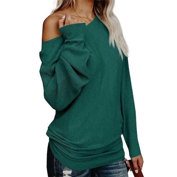 Long Sleeve Solid Color Women Off The Shoulder Knit Pullover