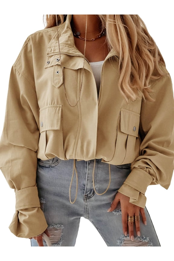 Long Sleeve Solid Cropped Bomber Jacket Women Loose Zipper Crop Coat with Pocket
