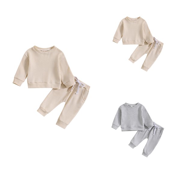 Long Sleeve Solid T-Shirt Pullover Tops & Casual Pants Outfits Set 2pcs, Toddler Baby Boy Fall Winter Clothes for Boys Girls