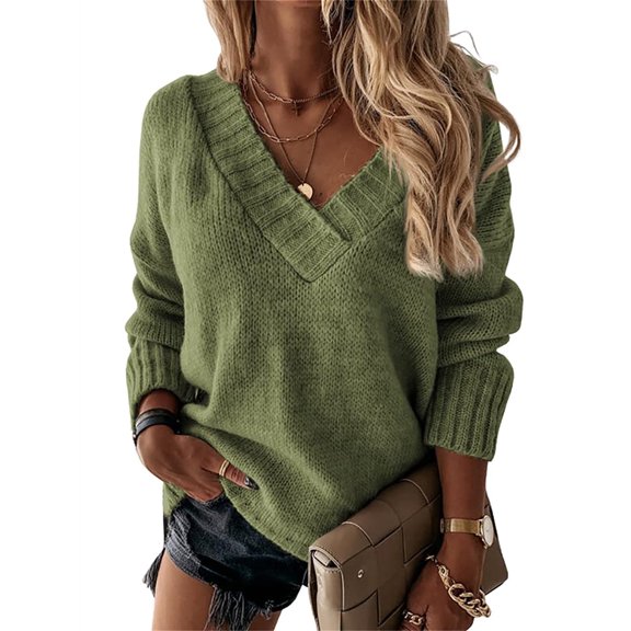 Long Sleeve Solid V Neck Casual Knit Pullover Sweater