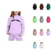 Long Sleeve Solid Warm Hoodie Pullover with Pants, Kids Casual Sweat Suit Outfit   NEW YORK Letter Printed Hoodies for Boys Girls, Back to School 2025 Trendy Clothing