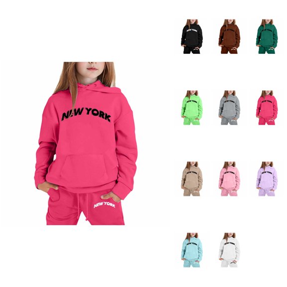 Long Sleeve Solid Warm Hoodie Pullover with Pants, Kids Casual Sweat Suit Outfit – NEW YORK Letter Printed Hoodies for Boys Girls, Back to School 2025 Trendy Teens Clothing