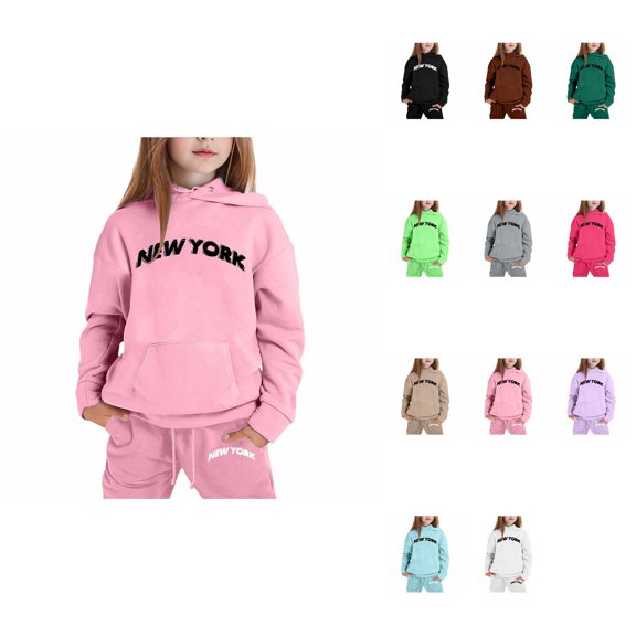 Long Sleeve Solid Warm Hoodie Pullover with Pants, Kids Casual Sweat Suit Outfit – NEW YORK Letter Printed Hoodies for Boys Girls, Back to School 2025 Trendy Teens Clothing