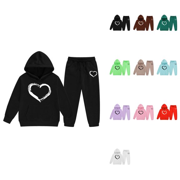 Long Sleeve Solid Warm Hoodie Pullover Tops Pants Kids Outfits Sweat Suit, Heart Graphic Print Y2K Hoodies for Child Toddler Boys Girls Fall Winter Clothes