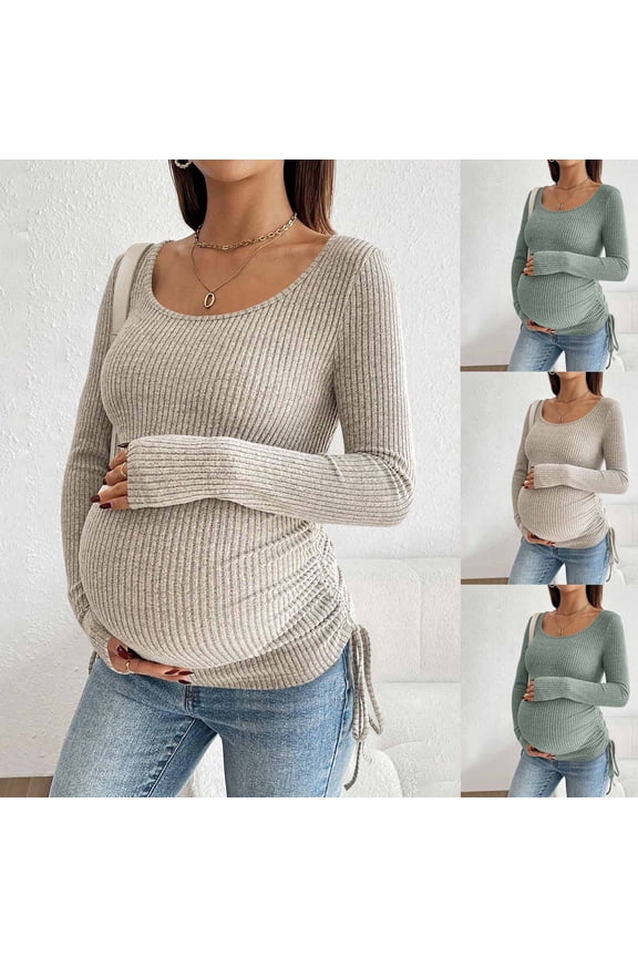 Long Sleeve Split Side Pregnancy Tee Maternity Solid Long Sleeve Ribbed Top With Side Drawstring for Pregnancy Round Neck Blouses Khaki Xl