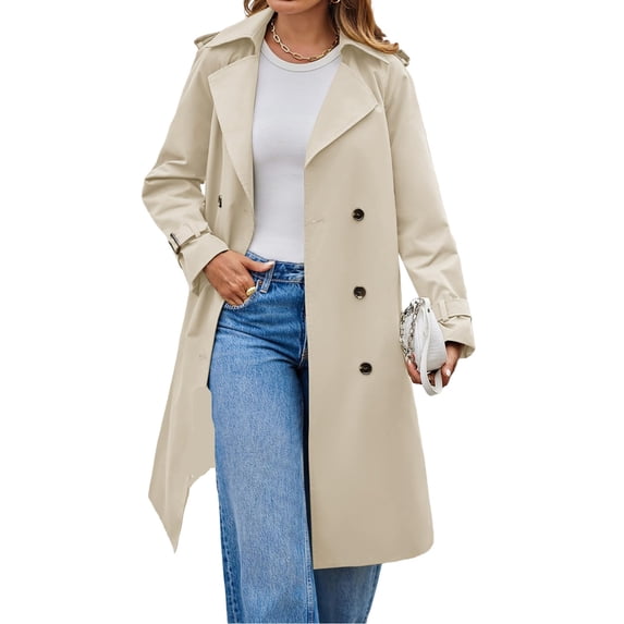 Long Sleeve Spring Fall Solid Color Double Breasted Casual Lapel Long Trench Coat