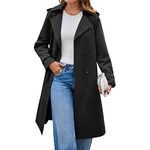 Long Sleeve Spring Fall Solid Color Double Breasted Casual Lapel Long Trench Coat