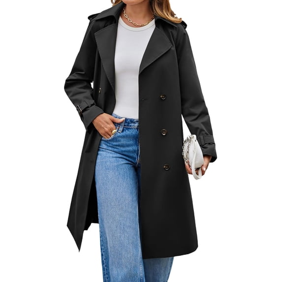 Long Sleeve Spring Fall Solid Color Double Breasted Casual Lapel Long Trench Coat