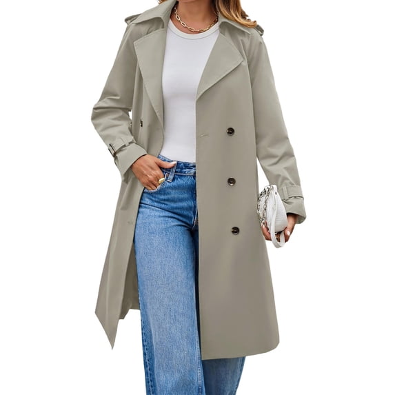 Long Sleeve Spring Fall Solid Color Double Breasted Casual Lapel Long Trench Coat