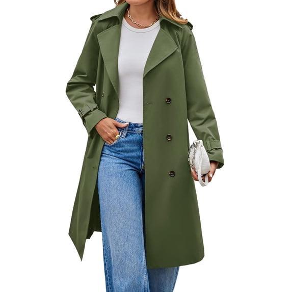Long Sleeve Spring Fall Solid Color Double Breasted Casual Lapel Long Trench Coat