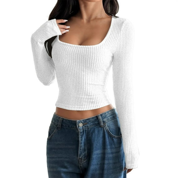 Long Sleeve Square Neck Top, Yigetop Women's Square Neck Long Sleeve T Shirts Long Sleeve Neck Ribbed Knit Casual Tops Tee Slim Basic Shirts Fall Outfits for Women 2025 White M