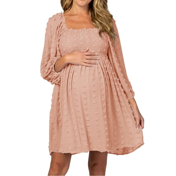 Long Sleeve Square Neckline Maternity Women Dots Loose Dress