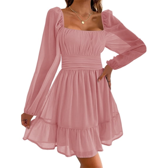 Long Sleeve Square Neckline Women Mesh Ruffle Dress