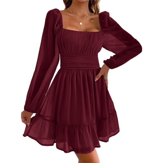 Long Sleeve Square Neckline Women Mesh Ruffle Dress