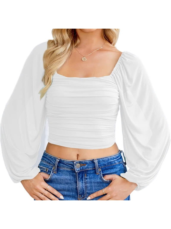 Long Sleeve Square Neckline Women Slim Fit Chiffon Crop Tops