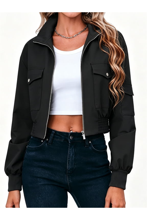 Long Sleeve Stand Collar Solid Women Zipper Bomber Jacket Motorcycle Crop Coat