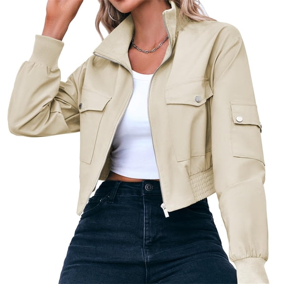 Long Sleeve Stand Collar Solid Women Zipper Bomber Jacket Motorcycle Crop Coat