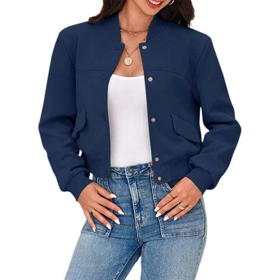 Long Sleeved Women Button Down Casual Crop Coat Bomber Jacket