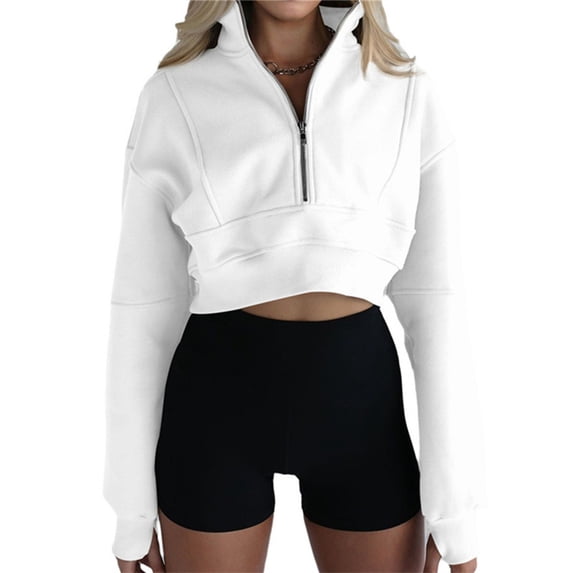 Long Sleeve Stand Collar Women Half Zipper Hoodies Crop Sweatshirt