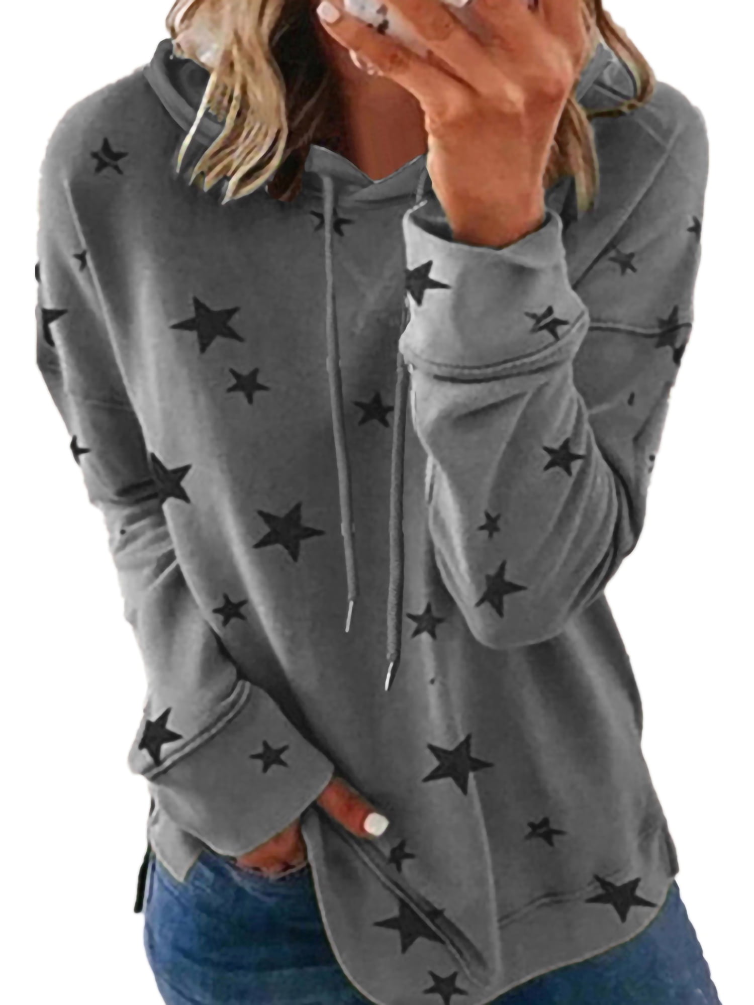 Long Sleeve Star Print Hooded Sweatshirt for Women Side Split Pullover ...