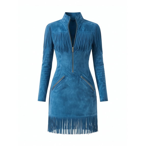 Long Sleeve Stretch Faux Suede Moto Dress Fringe Tassel Detailing Nashville Concert