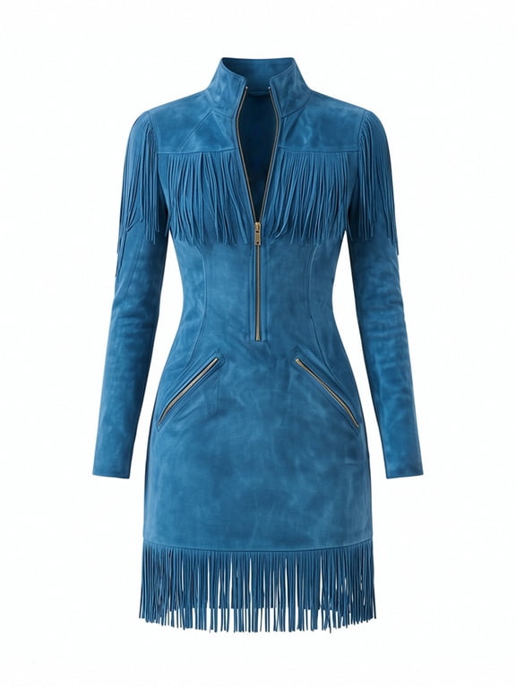Long Sleeve Stretch Faux Suede Moto Dress Fringe Tassel Detailing Nashville Concert