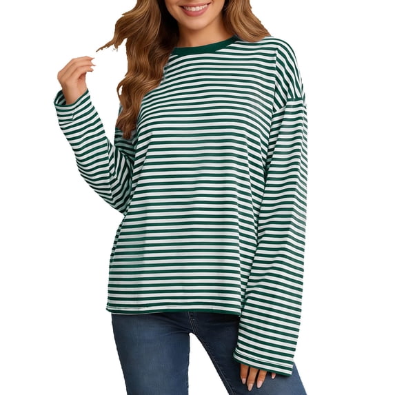 Long Sleeve Striped T Shirt For Casual Color Loose Fit Crewneck Top