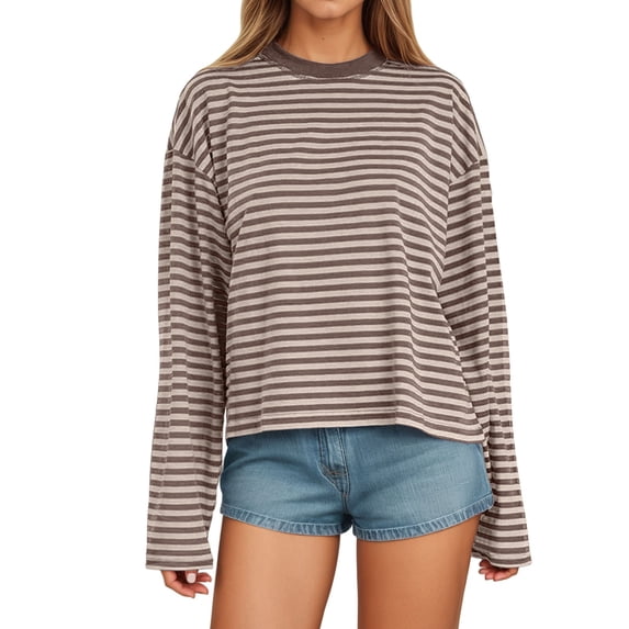 Long Sleeve Striped Tee with Contrast Collar, Women's Loose Fit Casual Top, Everyday Relaxed Shirt