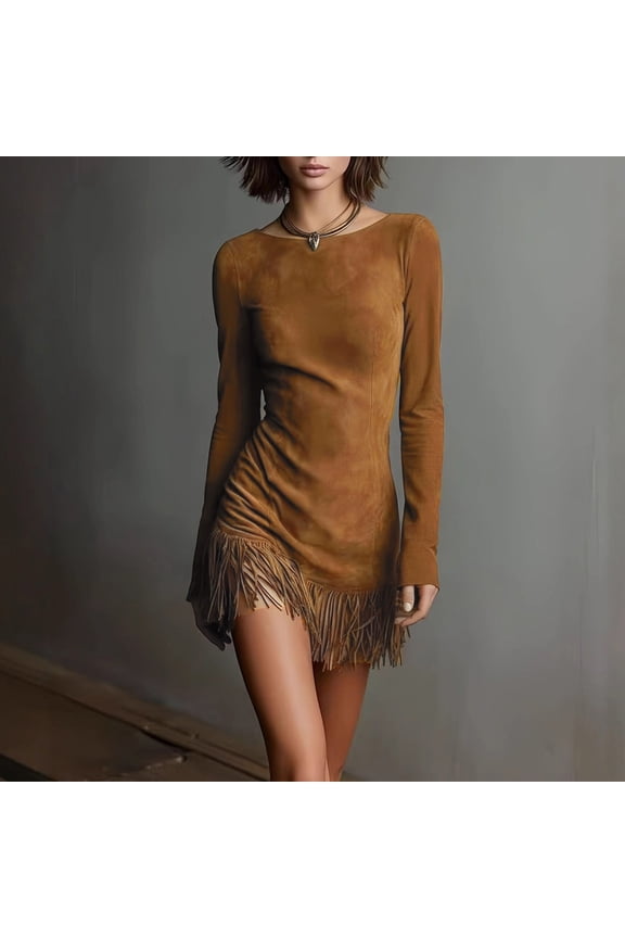 Long Sleeve Suede Dress for Women Bodycon Western Cocktail Tassel Club Dresses Fringe Mini Dress Off Shoulder Dresses for Women Brown S