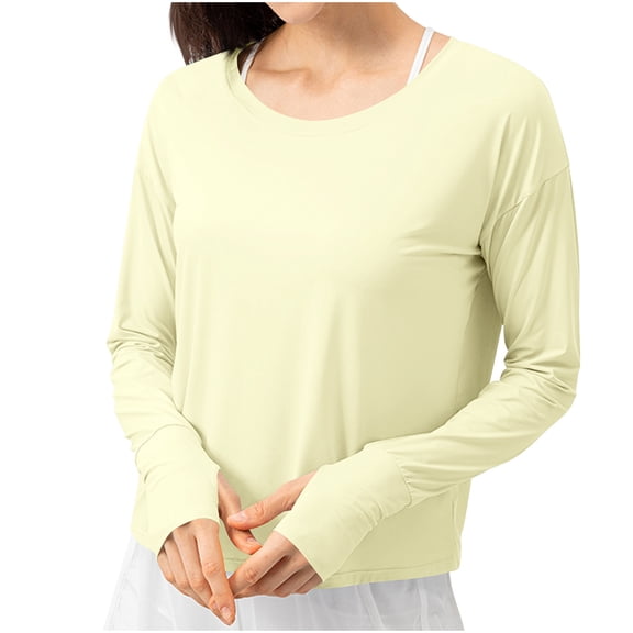 Long Sleeve Sun Protection Shirt for Women Round Neck Solid Color Yoga Workout Lightweight Cooling Summer Jackets