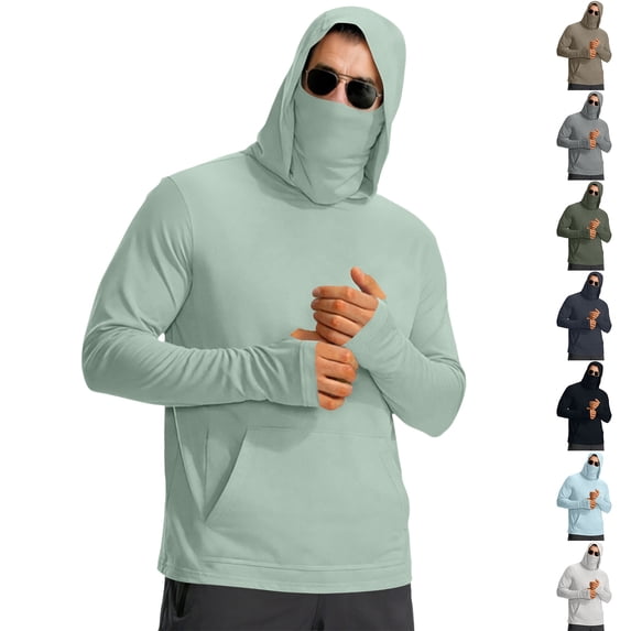 Long Sleeve Sun Protection Shirts for Men UV Spf Upf 50+ Rash Guard Shirts with Face Cover Long Sleeve Cooling Hoodies Lightweight Sun Protection T-Shirts,Khaki L