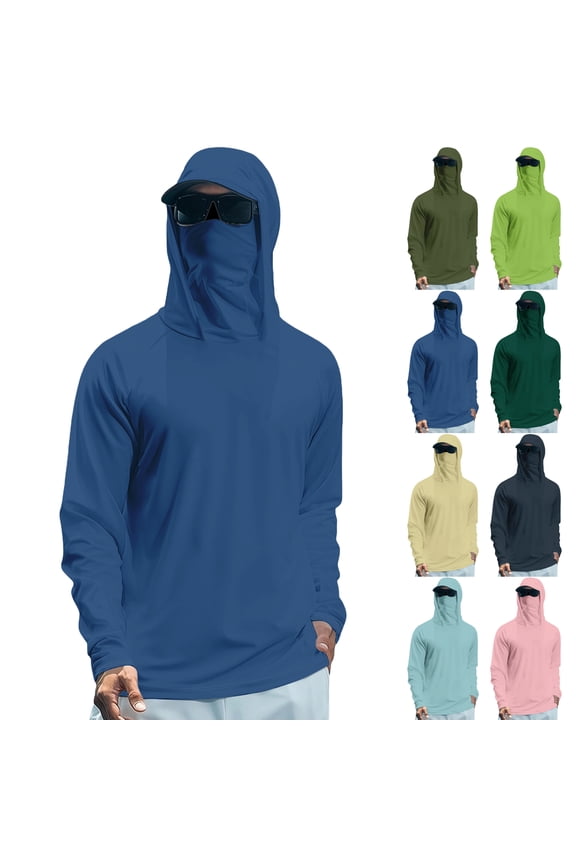 Long Sleeve Sun Shirt Men Rash Guard Cooling Fishing Hoodies with Mask Casual Summer UV SPF Hiking Blouses with Neck Gaiter Outdoor Performance Activewear Mens Tops Beige M