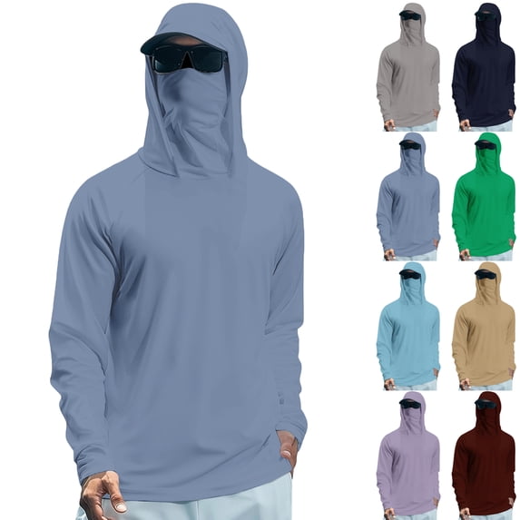Long Sleeve Sun Shirt Men Rash Guard Cooling Fishing Hoodies with Mask Casual Summer UV SPF Hiking Solid Color Blouses with Neck Gaiter Outdoor Performance Activewear Mens Tops 2026 Blue L