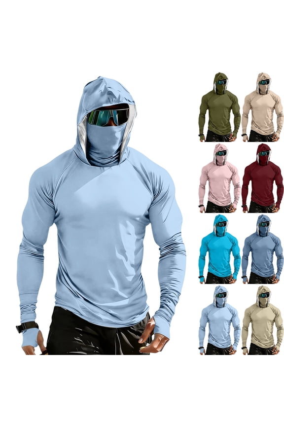 Long Sleeve Sun Shirt Men UPF 50+ Rash Guard Cooling Fishing Hoodies with Mask Casual Summer UV SPF Hiking Blouses, XL