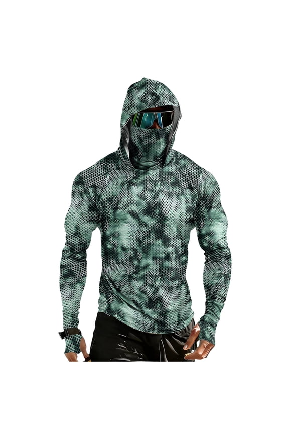 Long Sleeve Sun Shirt for Men UPF 50+ Rash Guard Hooded Fishing Shorts with Face Mask Summer UV Sun Protection Cooling Blouses Outdoor Gear for Men